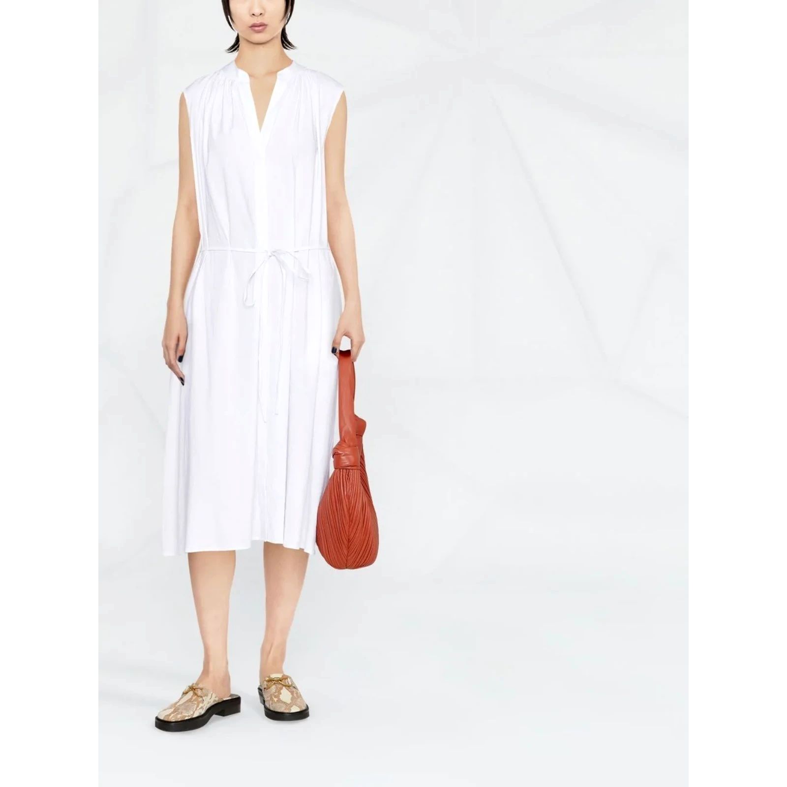 Nwot Vince White Linen Blend Shirred Band Collar Midi Dress Size Xxs